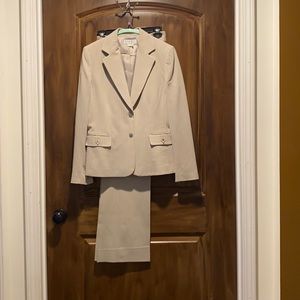 Tahari pantsuit in taupe w/white pinstripe